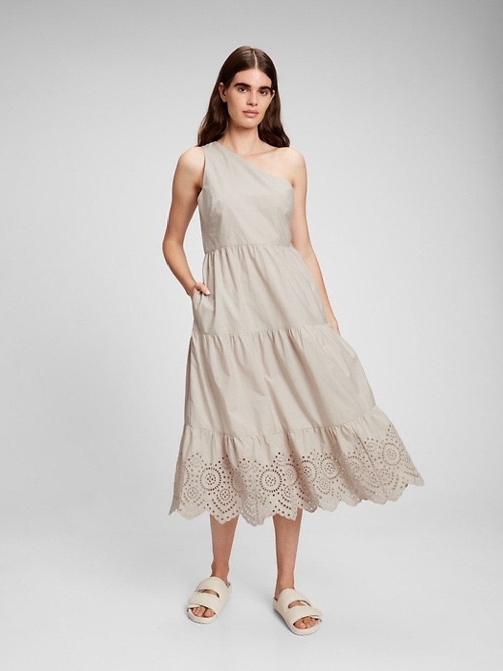Gap size 4 100% cotton One-Shoulder Beige Tiered Midi Dress
